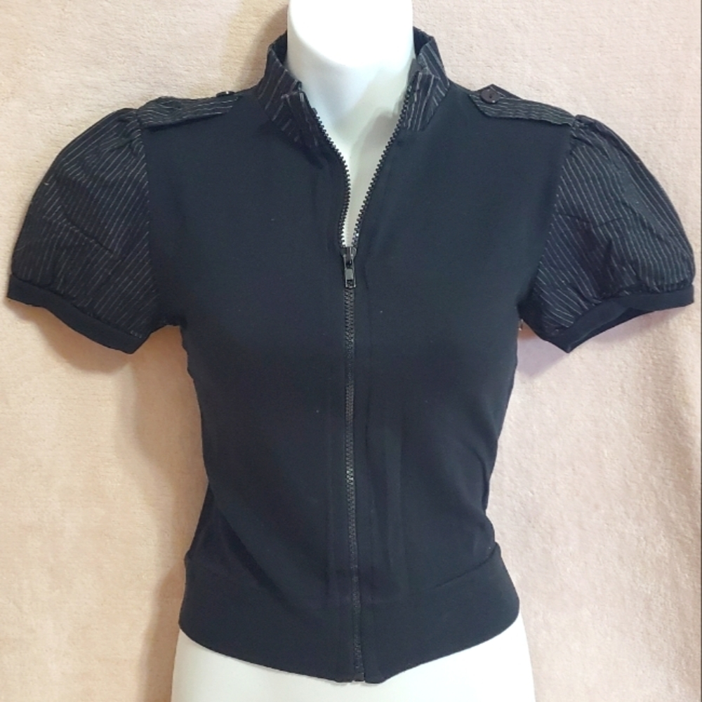 Y2K Black Puff Sleeve Zippered Blouse Sz S, Excellent Condition